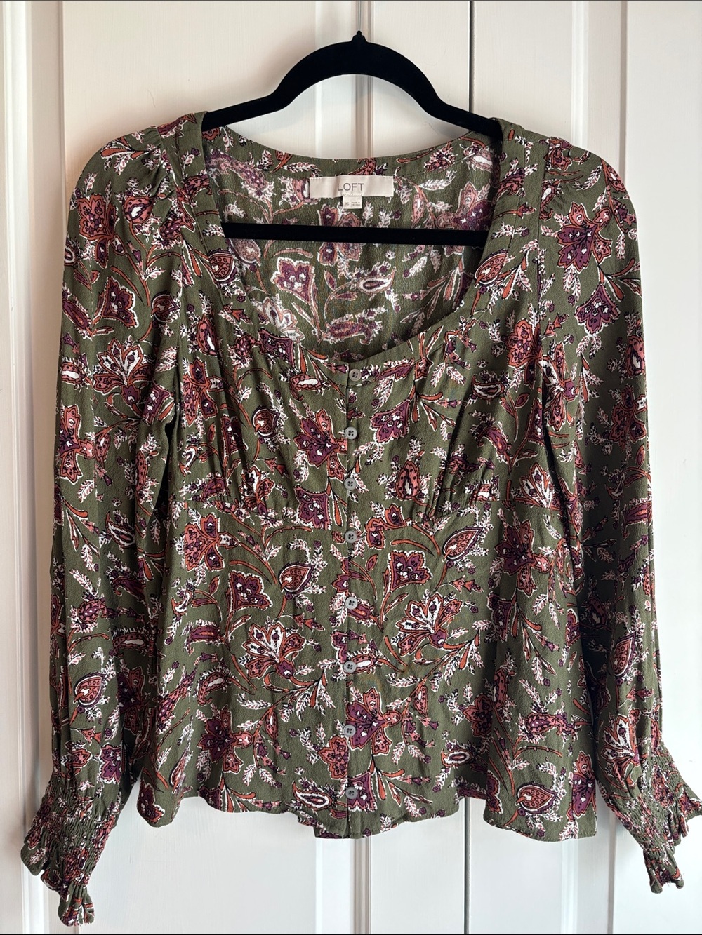 LOFT Olive Green Floral Button-Front Blouse with Burgundy Accents